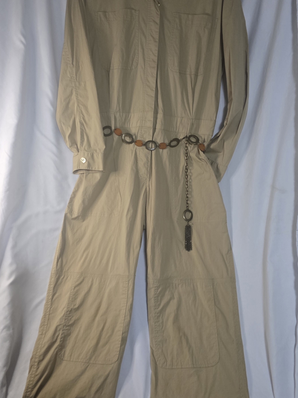 Michael Kors Tan Utility Jumpsuit with Chain-and-Wood Belt